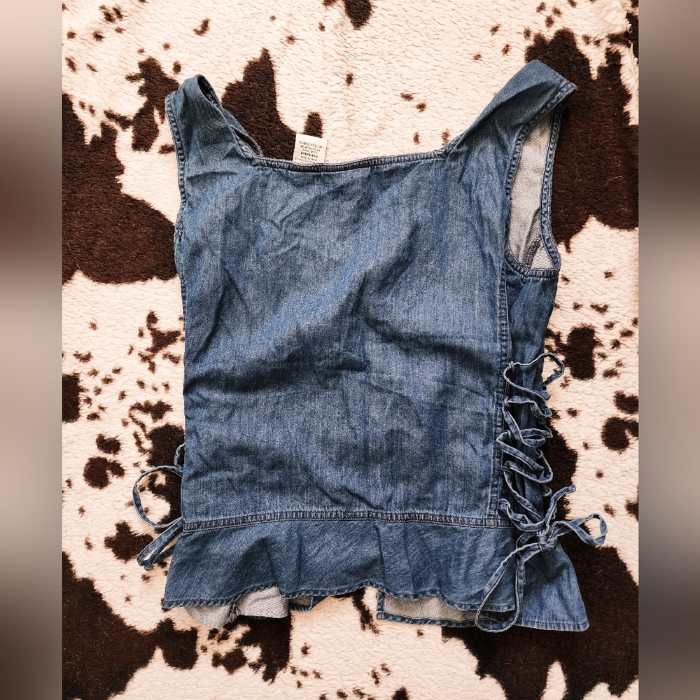 "FADED GLORY" WOMEN'S 90'S LACE UP DENIM TIE DETAIL TANK - BLUE - Picture 4 of 4